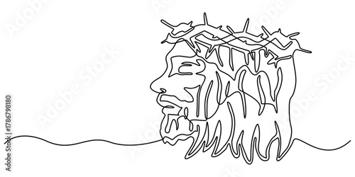 Jesus Christ praying, drawn with one continuous line. Christian symbol of Easter and Christmas in a simple line style. Editable stroke. Vector illustration