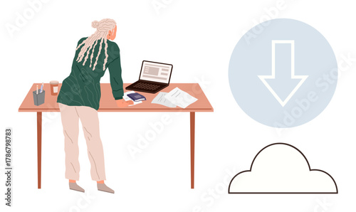 Person standing at a desk with a laptop, surrounded by office materials, preparing to download data into cloud storage. Ideal for productivity, remote work, data management, technology, planning