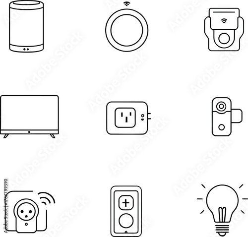 A collection of smart home device icons including a speaker, thermostat, and smart tv display icon