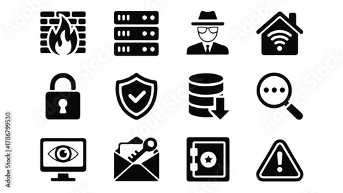 Cybersecurity icons lock shield server hacker house search warning vector