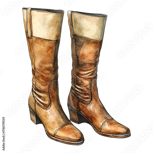 Watercolor Vintage Brown Leather Knee High Boots Vector Clipart

