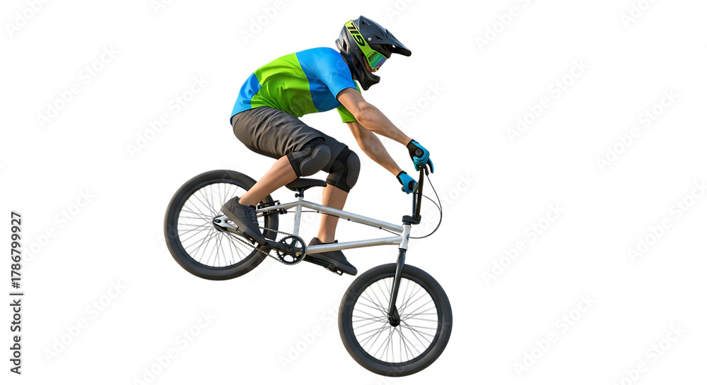 Fototapeta premium Man on a bmx bike wearing a helmet and gloves performing a wheelie with a black background in the image on transparent background