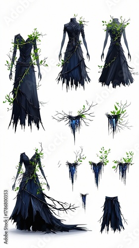 A collection of dark, flowing gowns and skirt elements, intricately decorated with green vines and branches, displayed on white.