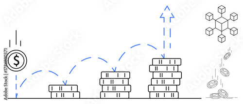 Stacks of coins increasing in size with a progressive arrow, blockchain-inspired network grid, and falling coins. Ideal for finance, investment, banking, revenue, saving, cryptocurrency and economic