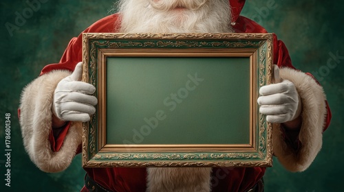 Santa Claus holding a festive golden frame for holiday marketing and business growth messaging concepts