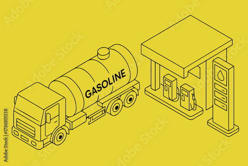 A clean vector illustration showing a fuel truck parked at a gas station, transferring gasoline into underground tanks, symbolizing efficiency and industrial service.