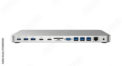 Advanced Connectivity Hub: A sleek, silver docking station, bristling with various ports, exemplifies modern technology. It represents connectivity and streamlined device integration. 