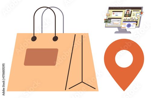 Shopping bag, map location pin, and computer screen with e-commerce visuals highlight concepts of online shopping, delivery, retail, e-commerce, logistics, geolocation and navigation. Ideal