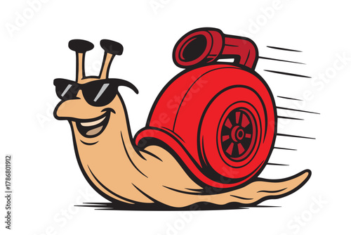 A colorful vector illustration of a fast moving snail with its body creatively designed as a piston engine, symbolizing speed, power, and a playful twist on natural motion.