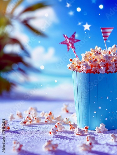 A bucket of popcorn sits on a sandy beach with scattered popcorn kernels around it, against a backdrop of a blue sky and a blurred palm tree.