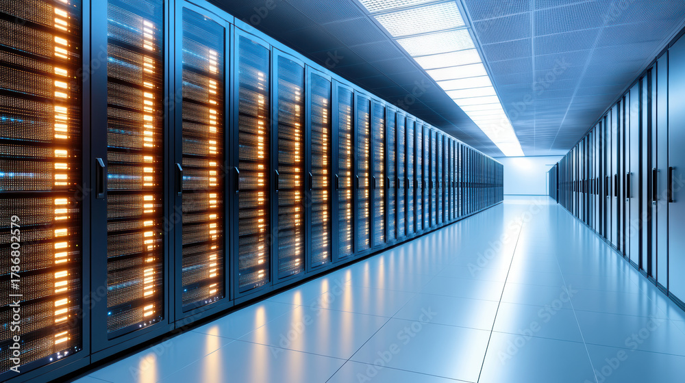 Fototapeta premium Clean server rack corridor with warm LED glow and calm high fidelity ambiance