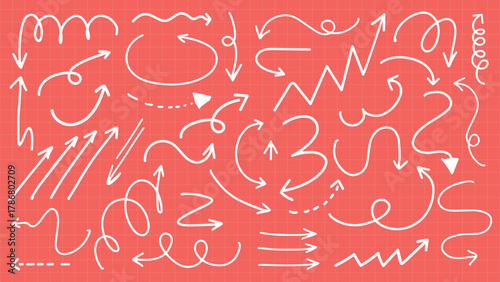 White arrows and squiggles on a red grid background. Arrows pointing in various directions. Squiggles and arrows create dynamic movement on grid. White doodle elements, vector set.