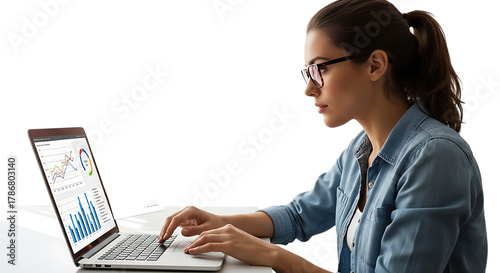 Analyzing Data: A focused woman intently analyses data on her laptop, showcasing dedication in modern work environment