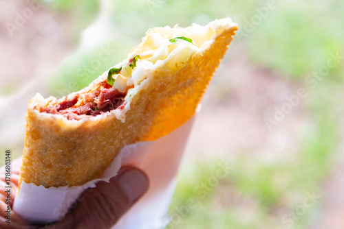 Crispy Brazilian Pastel with Shredded Beef and Cheese
