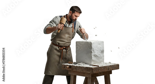Artisan's Craft: An artisan, focused and precise, meticulously sculpts a stone block with a hammer and chisel. The air fills with the essence of creation, reflecting dedication and expertise.