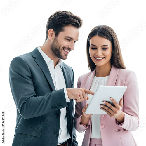 Business professionals collaborating and discussing data on a tablet device