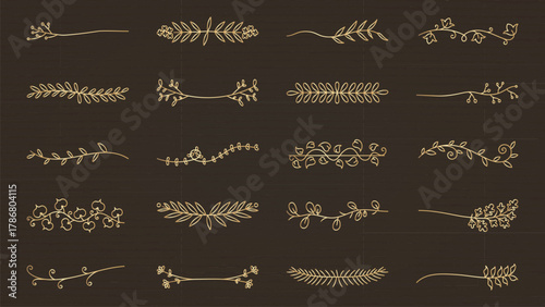 Elegant gold floral dividers on a dark background. These floral dividers feature intricate gold designs. Perfect for adding a touch of elegance with gold floral accents. Hand drawn ornament vector set