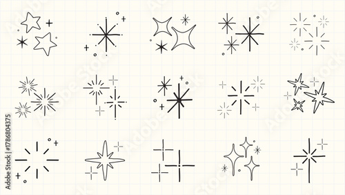 Collection of hand-drawn star and sparkle icons. Various star shapes and sparkle designs. Perfect for adding a touch of sparkle and starry effects. Element vector set.