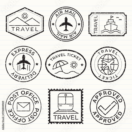 Travel-themed stamps with icons like airplanes, ships, and trains. Travel stamps for air mail, express delivery, and travel tickets. Travel icons and stamps collection. Black travel stamps, vector set