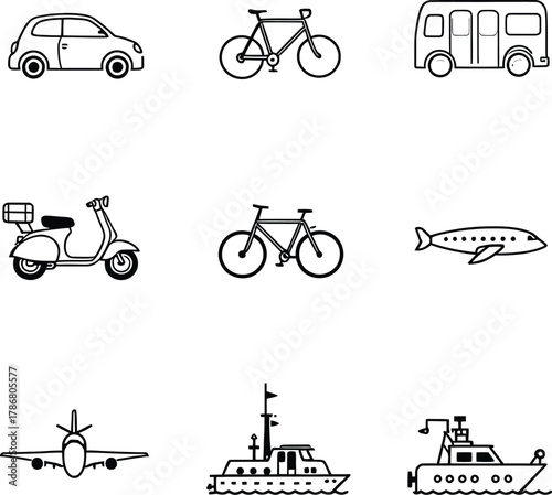 Various modes of transport depicted as simple black and white vector line art on a white background