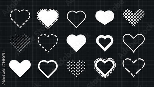 Set of white heart icons on a black grid background. Various heart shapes include dotted, dashed, and solid designs. Perfect for romantic and decorative themes. Black Valentine's Day elements, vector.
