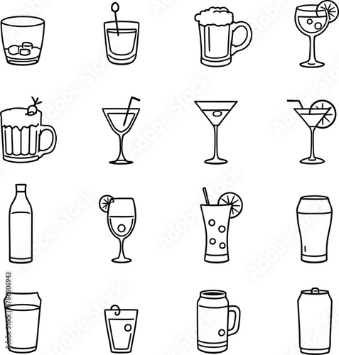Assorted outline drawings of various alcoholic and non alcoholic beverages on a white background