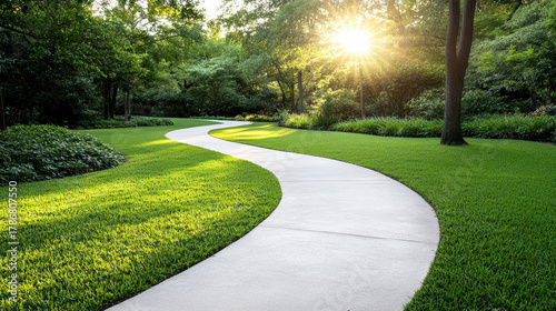 Fototapeta Naklejka Na Ścianę i Meble -  Sunlit winding pathway sunlit winding pathway park lawn grass tree sunlight morning curved