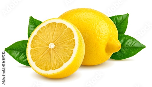 Fresh ripe yellow lemon fruit with green leaves isolated on a white background.