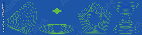 Abstract geometric shapes on a blue background. Green lines form a cone, star, heart, pentagon, and hourglass. Geometric, abstract, blue, and green elements. Geometric elements, vector set.
