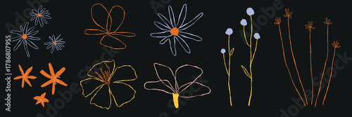 Abstract floral doodles in orange, yellow, and blue. Simple flower sketches, playful and artistic. Floral designs with abstract, colorful flowers. Hand drawn floral illustrations set Vectors.
