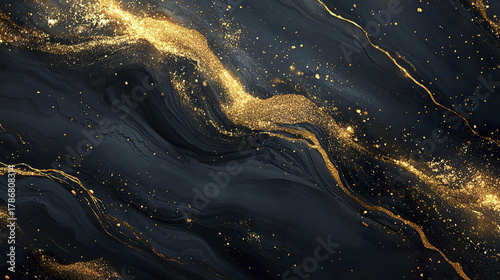 Black marble texture with gold glitter and sparkling confetti, creating elegant and luxurious abstract background with flowing patterns and shiny details