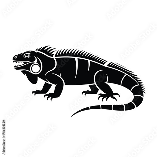 Black silhouette of a standing iguana on a white background