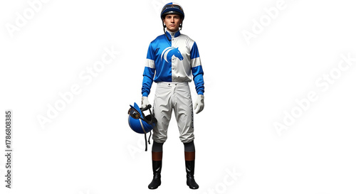 A full shot of a jockey in blue and white uniform holding a helmet against a black background space on transparent background