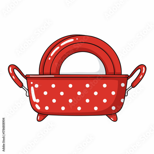 Red colander filled with plates is presented, featuring white polka dots and useful handles, ideal for kitchen tasks. This colander provides excellent drainage and easy handling,