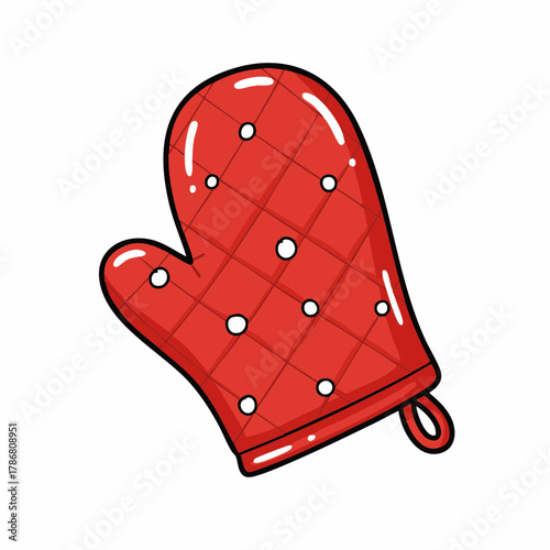 Red oven mitt with white polka dots on white background. Oven mitt protects from the heat of cooking and baking, perfect for holding hot pans.