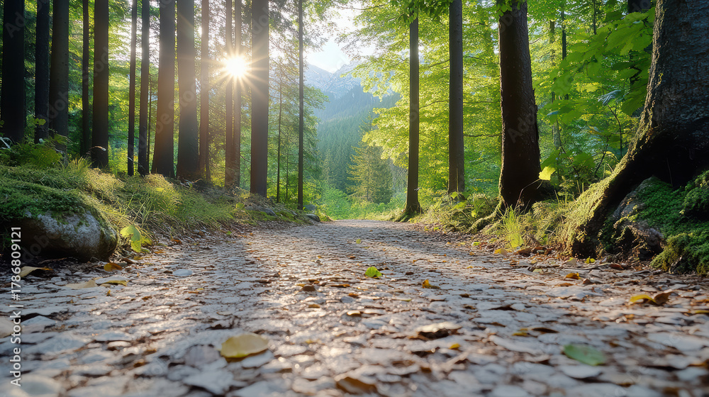 Fototapeta premium Sunlit forest path morning sun mossy trees mountain view tranquil