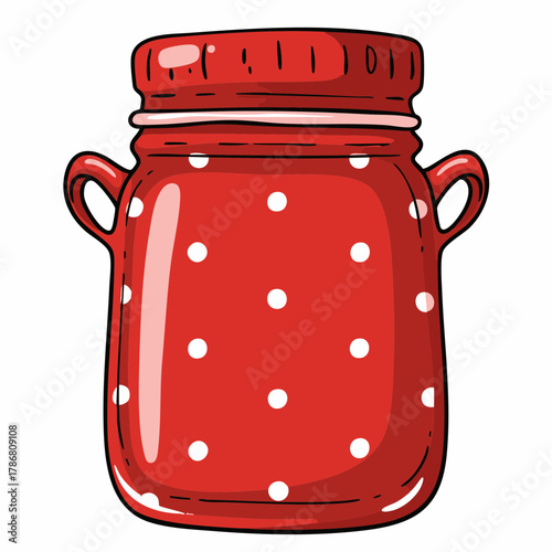 Red polka dot jar on plain background, cute retro canister with two handles and tight lid. Spotty red polka dot jar looks pretty and ready for home canning. Creative polka dot jar in ecology projects.