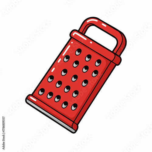 Red grater for kitchen with multiple grating surfaces is shown, kitchen tool for shredding vegetables and cheese. Red grater can be used by chef for cooking or preparing healthy meal,