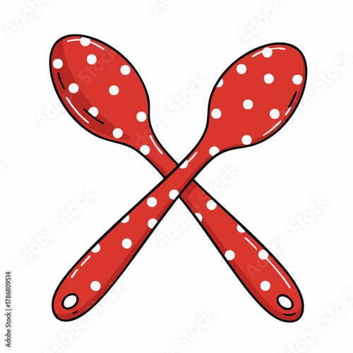 Two red dotted spoons crossed together create striking graphic. Dotted spoons offer clean design and a playful touch, suitable for use in various creative applications. Featuring dotted spoons,