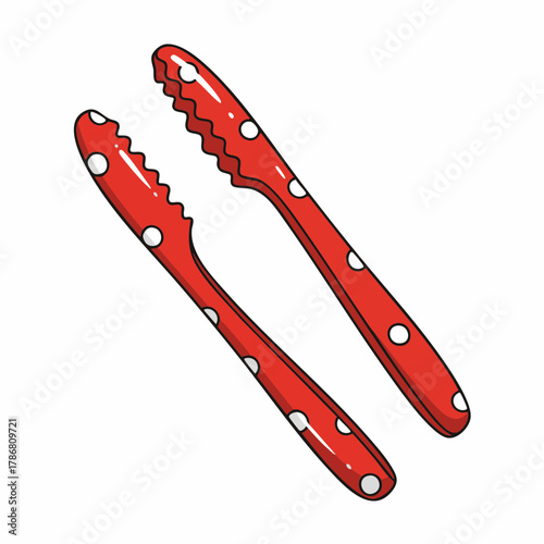Pair of red tongs with white dots for serving food, kitchen utensils, or catering. Tongs are shown open, ready to pick up and serve food in buffet style.