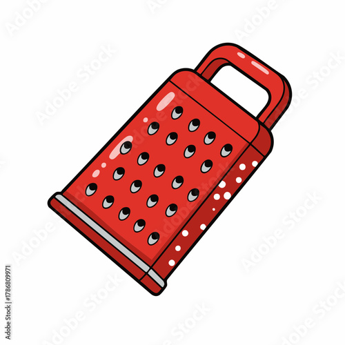 Bright red grater isolated on white background, kitchen tool. Grater is essential cooking utensil for shredding cheese and vegetables in food preparation.