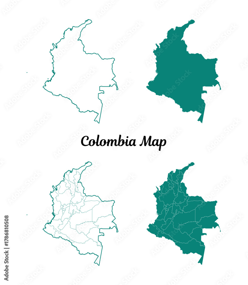 Fototapeta premium Teal Colombia Map Collection on White Background Illustration