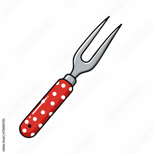 Isolated carving fork showing red and white polka dots on handle. Carving fork to aid in cooking, serving utensil with metal prongs. Usage of carving fork is appropriate for ecology related materials.