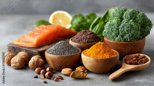 Salmon fillet spinach broccoli chia seed flaxseed turmeric powder lemon walnut hazelnut nutrition