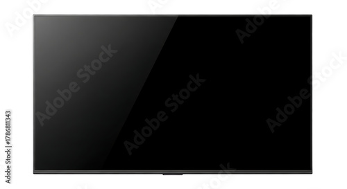 Close up of a flat screen television with a black screen and a thin silver frame on a black background on transparent background