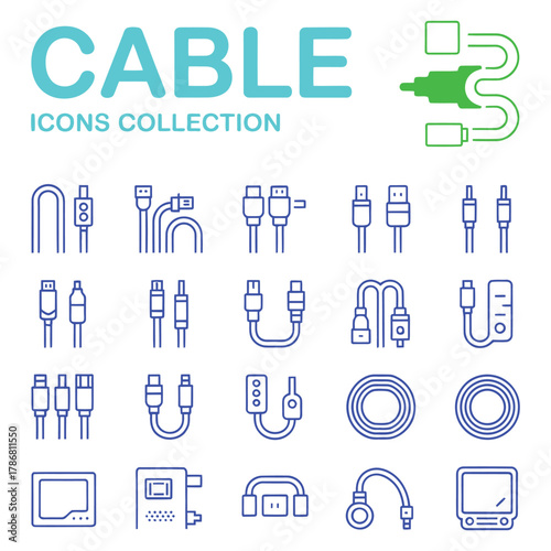 Collection of blue line art icons for various cables and connectors on white background