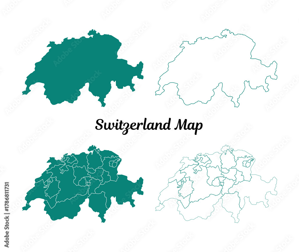 Fototapeta premium Teal Map of Switzerland Simple Outlines on White Background