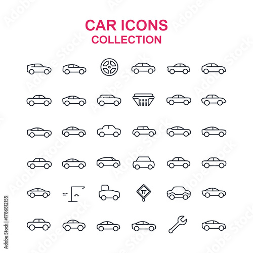 Collection of car icons and automotive symbols in thin line art style vehicle transportation