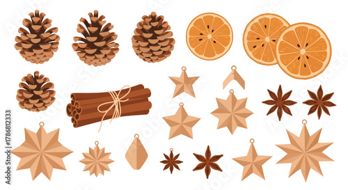 Assortment of natural holiday decorations rustic pinecones, aromatic cinnamon sticks, dried orange slices, star anise, and charming star ornaments for festive season designs