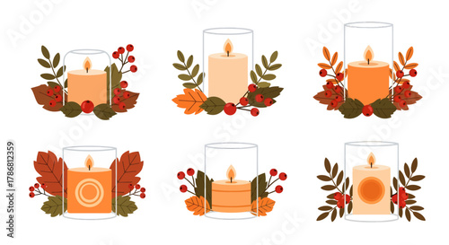 Autumnal Glow A Collection of Decorative Candles Adorned with Seasonal Foliage and Berries